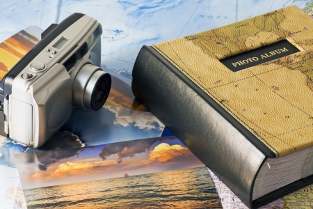 photo album, and vacation photos on the mapの写真素材