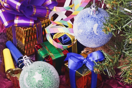 decoration of the balls on the Christmas tree and giftsの写真素材
