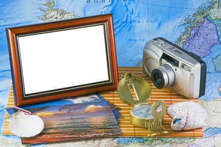 memories from vacation - photos, map and compassの写真素材