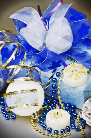 gifts and Christmas decorations on a gray backgroundの写真素材