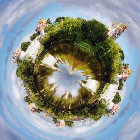 spherical panorama Novodevichy convent in the early morning  view from the lake   Moscow  Russia 