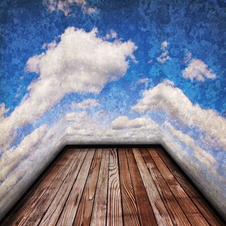 Texture of perspective Old wood floor and cloudy sky の写真素材