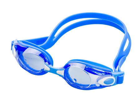 Blue swimming goggles isolated on white の写真素材