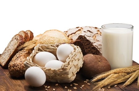 milk, egg and wheat flour for breadの写真素材