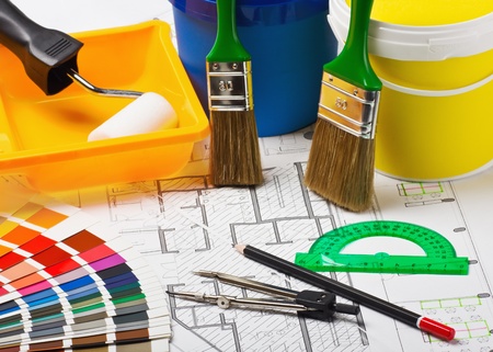 tissue samples, leather, paints and paint repair on the architectural plan.This composition recommend using advertising tools and materials for the repair of articles in magazines and on the Internet.の写真素材
