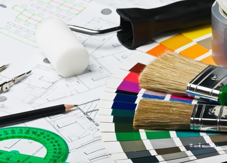 accessories and tools for home renovation are on architectural drawingsの写真素材