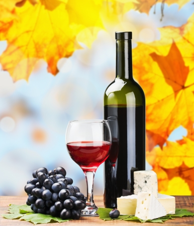 bottle, glass of red wine and assorted cheeses on a background of autumn leavesの写真素材