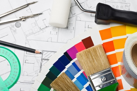 paints and paint repair on the architectural planの写真素材