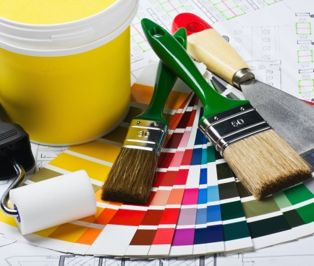 tools and accessories for home renovation are on architectural drawingsの写真素材