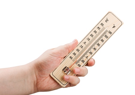 man's hand holding a thermometer with low temperature isolated on white background