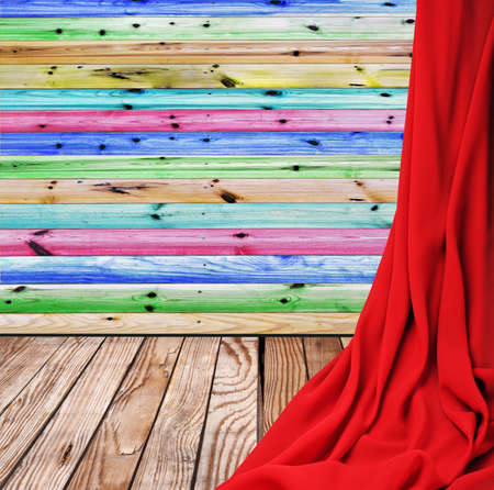 interior room with wooden floors and walls of the closed red curtainの写真素材