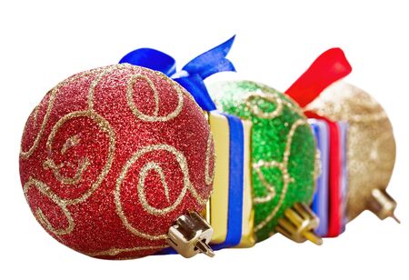  Christmas balls and gifts isolated on white backgroundの写真素材