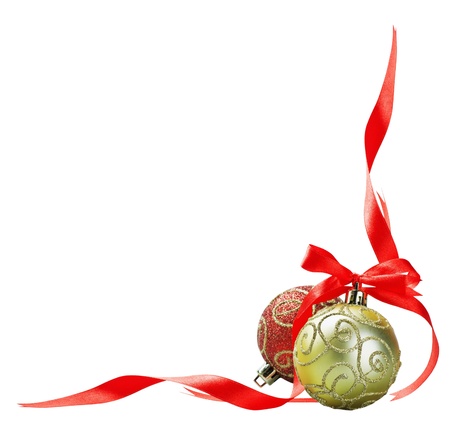 Christmas ball with red bow and ribbon isolated on a white background for text の写真素材