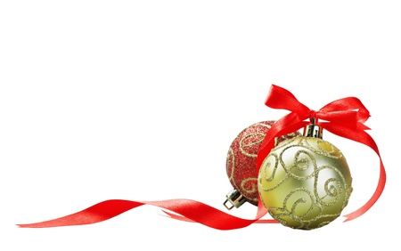 Christmas ball with red bow and ribbon isolated on a white background for text の写真素材