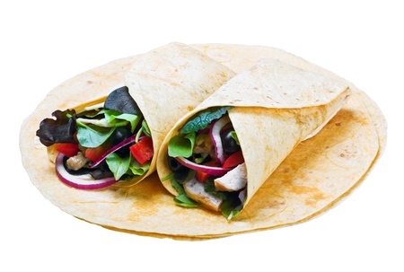 tortilla with chicken meat and fresh vegetables isolated on white backgroundの写真素材
