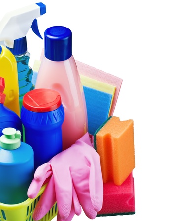 various cleaning products isolated on white background with space for textの写真素材
