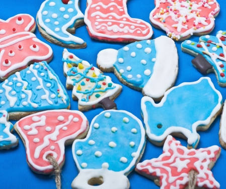 homemade christmas cookies covered with colored glazeの写真素材