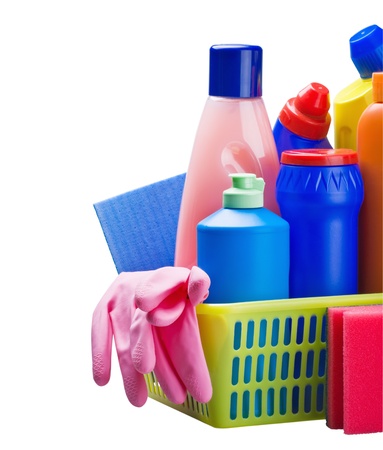 various cleaning products isolated on white background with space for text の写真素材