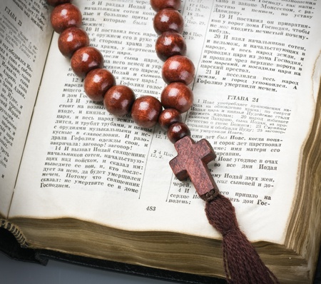 wooden rosary and the Bibleの写真素材