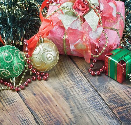 Christmas decorations on a wooden backgroundの写真素材