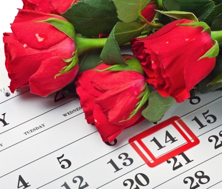 red roses lay on the calendar with the date of February 14 Valentine's dayの写真素材