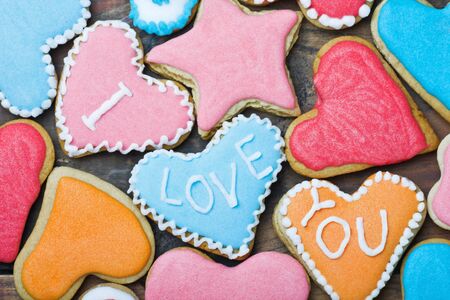 Valentine cookies with the words I love you on the tableの写真素材