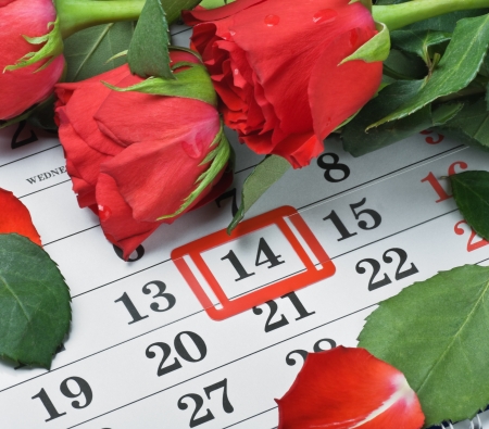 red roses lay on the calendar with the date of February 14 Valentine's day の写真素材