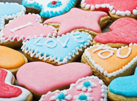 Valentine cookies with the words I love you on the tableの写真素材