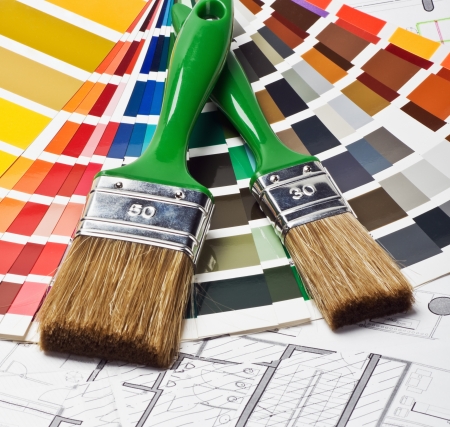 tools and accessories for home renovation on an architectural drawing の写真素材