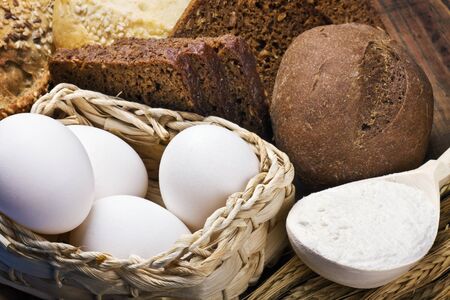 fresh baked bread and ingredients for cooking の写真素材