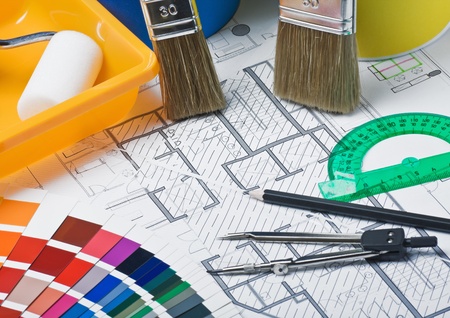 Paints, brushes and accessories for repair to architectural drawingの写真素材
