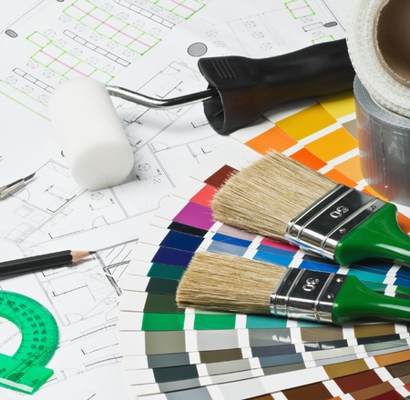 brushes and accessories for repair to architectural drawing の写真素材