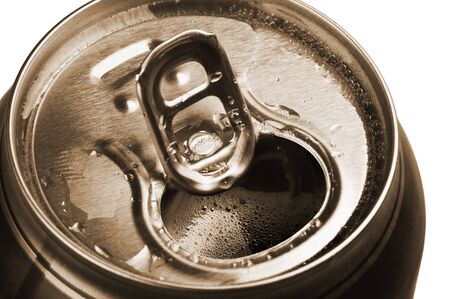 Opened beer can with froth close-up の写真素材
