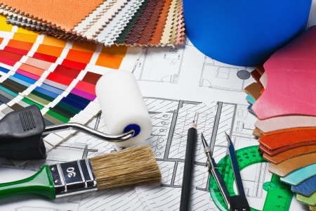 tools to repair the premises and drawing plans for new homesの写真素材