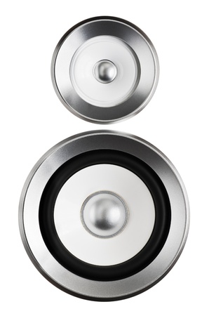 High fidelity audio stereo system sound speaker on white backgroundの写真素材