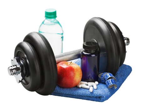 dumbbells and accessories for fitness isolated on white backgroundの写真素材