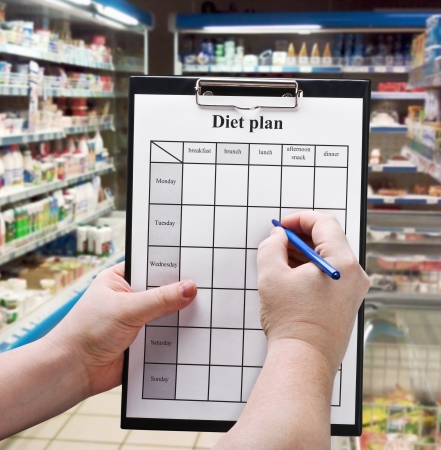 Hand is a diet plan against products in the supermarketの写真素材
