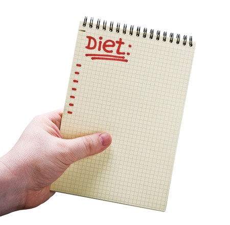 notebook with the text of diet in hand on a white backgroundの写真素材