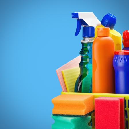 cleaners supplies and cleaning equipment on blue backgroundの写真素材