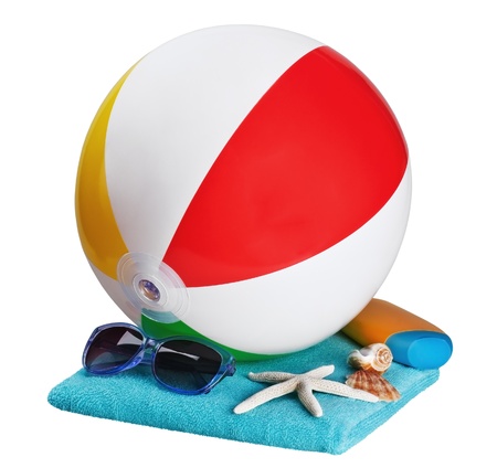 inflatable ball games and accessories at the beachの写真素材