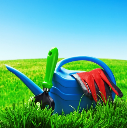 garden tools on a lawn at the houseの写真素材