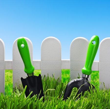 garden tools on a green lawn on a background of blue skyの写真素材
