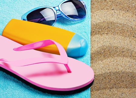things for a beach holiday on the sea sandの写真素材