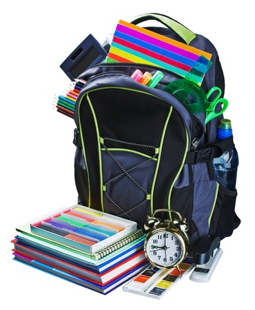 backpack for school stationery learning isolated on white backgroundの写真素材