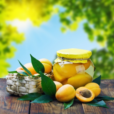 fresh and canned apricots in the background of natureの写真素材