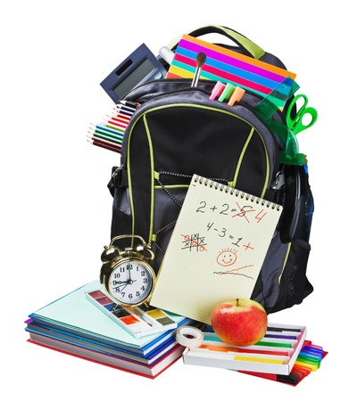 Backpack full of school supplies on white backgroundの写真素材