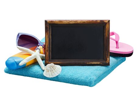 blackboard for writing and accessories for the beachの写真素材