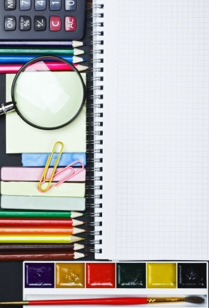 notepad for recording and various school suppliesの写真素材