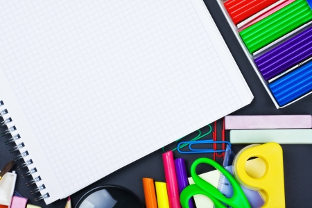 notepad for recording and various school suppliesの写真素材