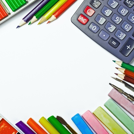 school supplies isolated on white backgroundの写真素材
